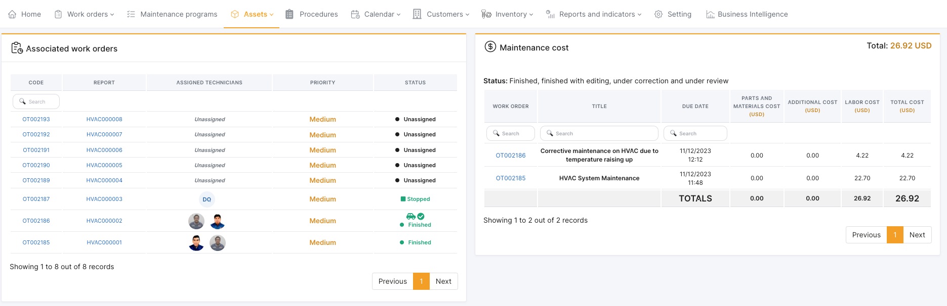 Asset Associated work orders page and maintenance costs module in CMMShere