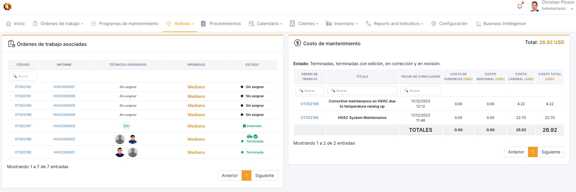 CMMShere displaying Asset Work orders screen as well as maintenance costs module