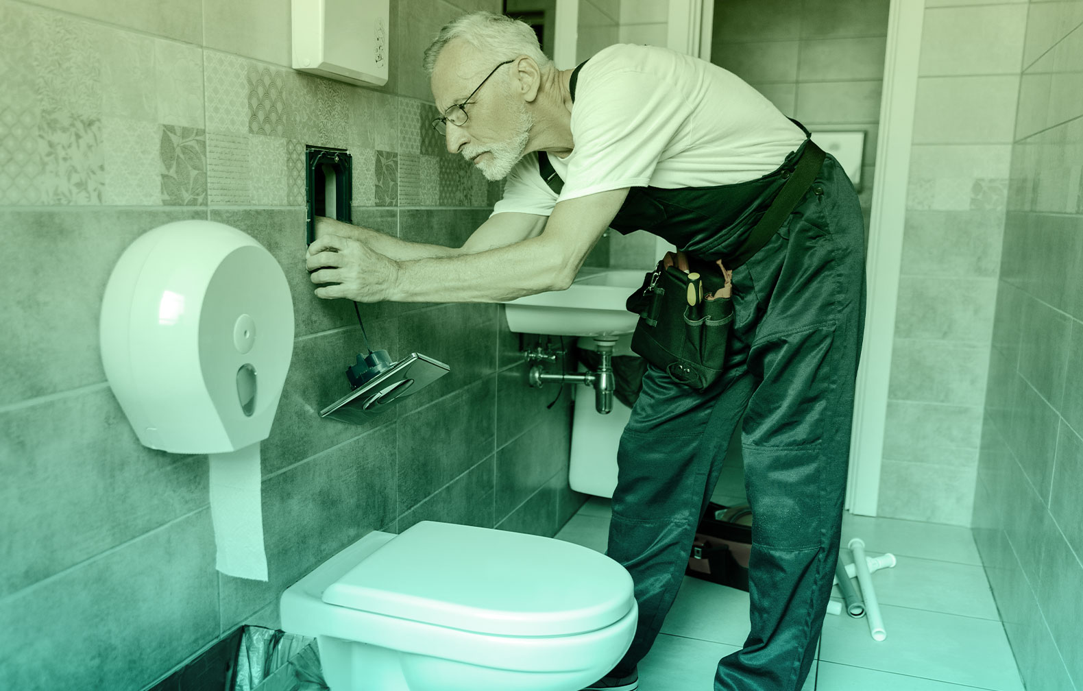 maintenance technician replacing electronic controls on a toilet which is an asset