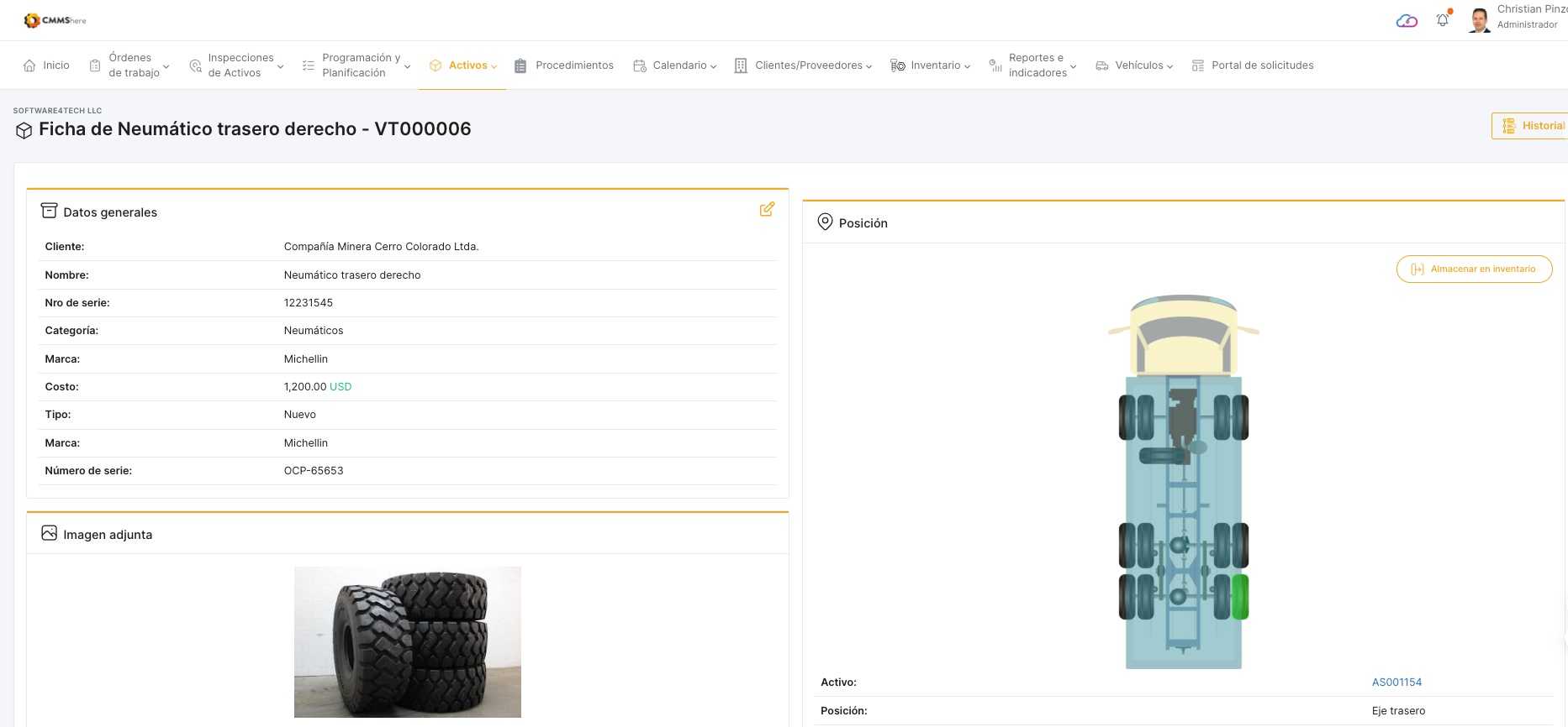 CMMShere Assets page showing the datasheet for the rear tires