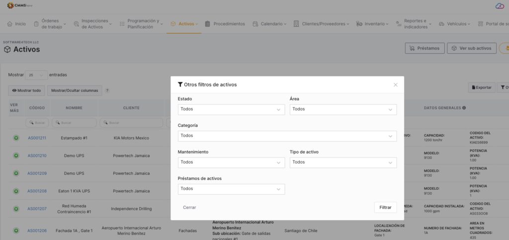 CMMShere app showing Assets page with assets filters