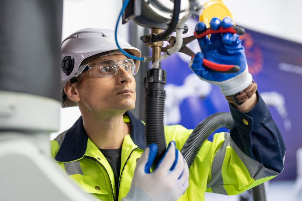 Maintenance technician adjusting airvalve while wearign PPE