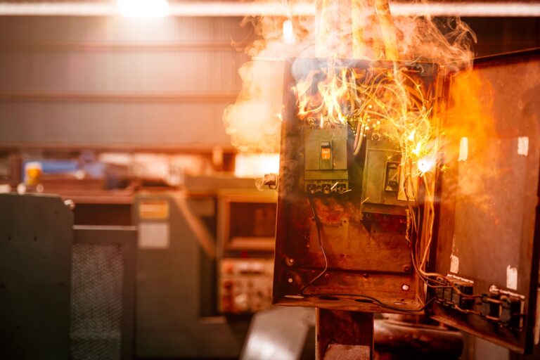 Fuse Box in a workshop on fire due to lack of temperature and voltage fluctuation monitoring and logging onto a CMMS