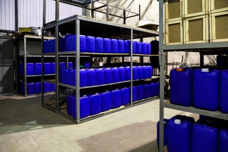 Warehouse full blue containers for some sort of liquid. They are in racks of three levels with 6 containers per level. 7 racks in total. These racks and the containers are assets as well, which are normally maintained by being cleaned.