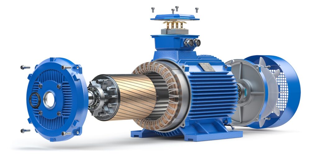 Explosion view of an electric motor's parts. This is excellent for looking into how to disassemble the asset for maintenance