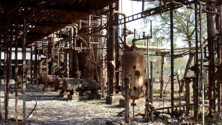View of a destroyed factory at Bhopal chemical plant. There are no walls. Lack of maintenance can lead to industrial accidents.